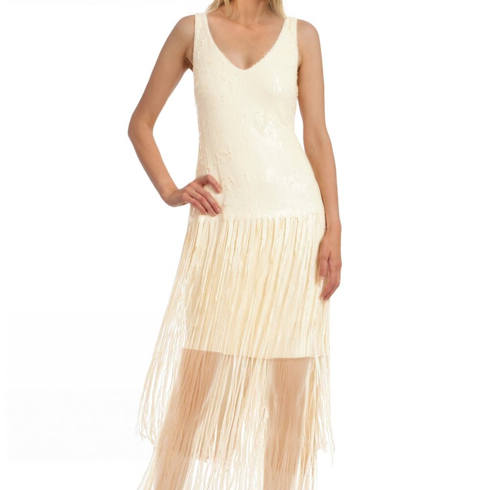 Jewel Badgley Mischka Buttercream Mixed Media Fringe Cocktail Dress